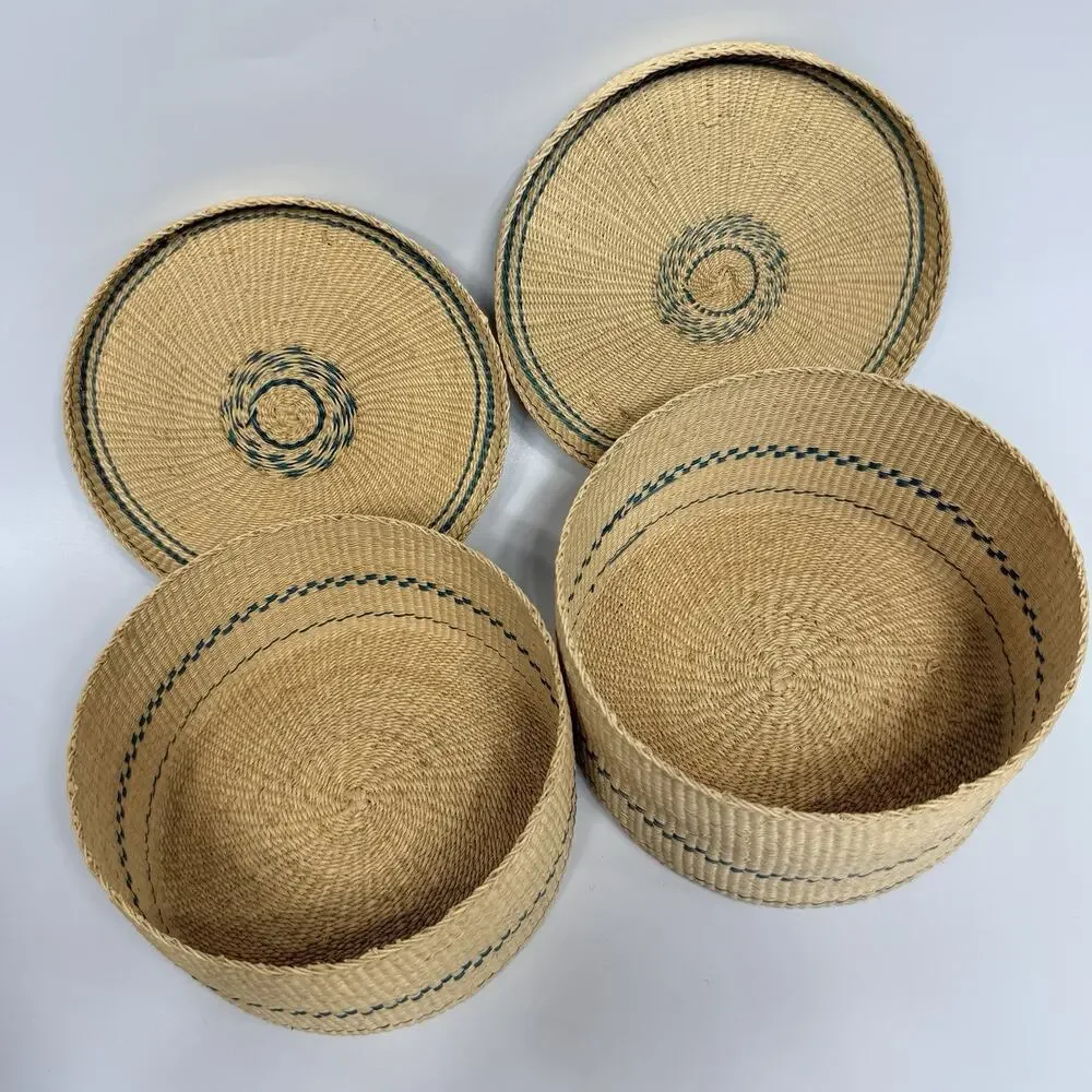 Set 2 Beige Teal Green Tightly Woven Nesting Baskets Lids Boxes Round 5.75